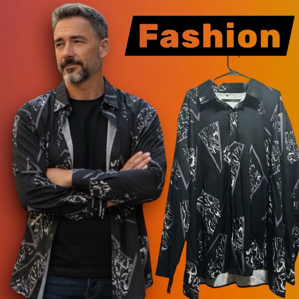 Men’s Vintage style Stylish Black and Gray Graphic Shirt Jacket new without tags - Picture 3 of 14